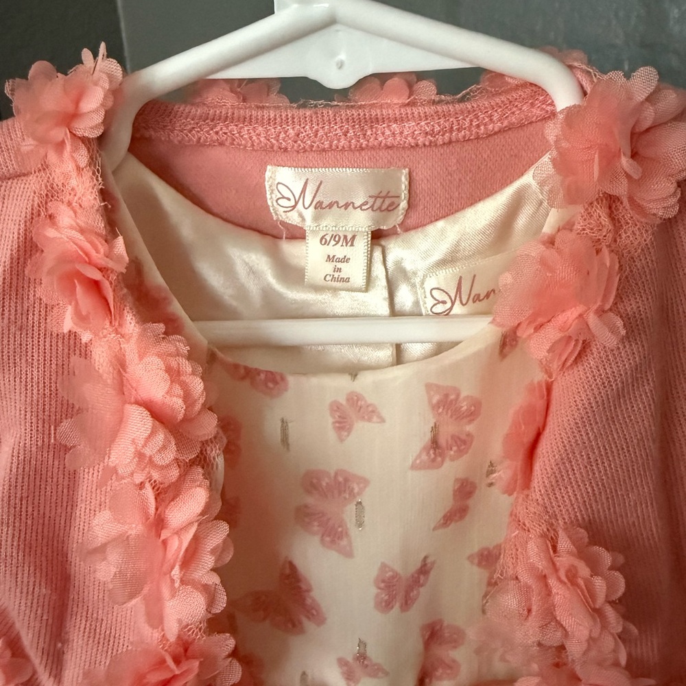 Nannette Pink Butterfly Baby Dress with Floral Cardigan - Picture 3 of 3